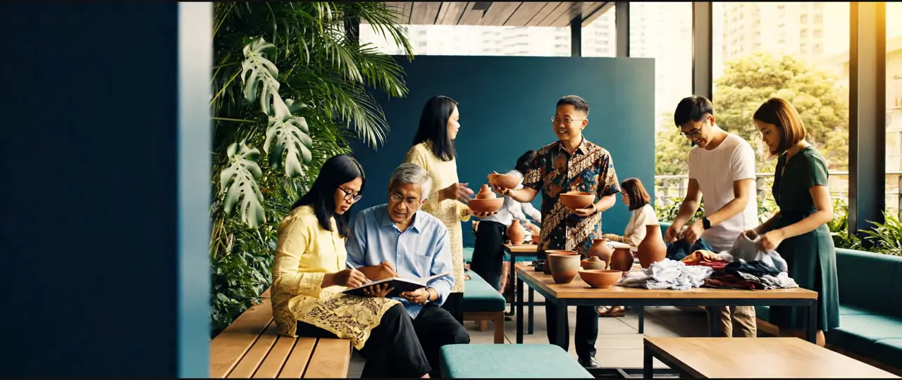 A generated scene of people sharing ideas and practical help around a community table